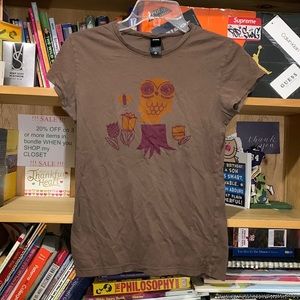 ALTERNATIVE Vintage Soft-girls brown ‘OWL’ graphic short sleeve cotton tee-shirt